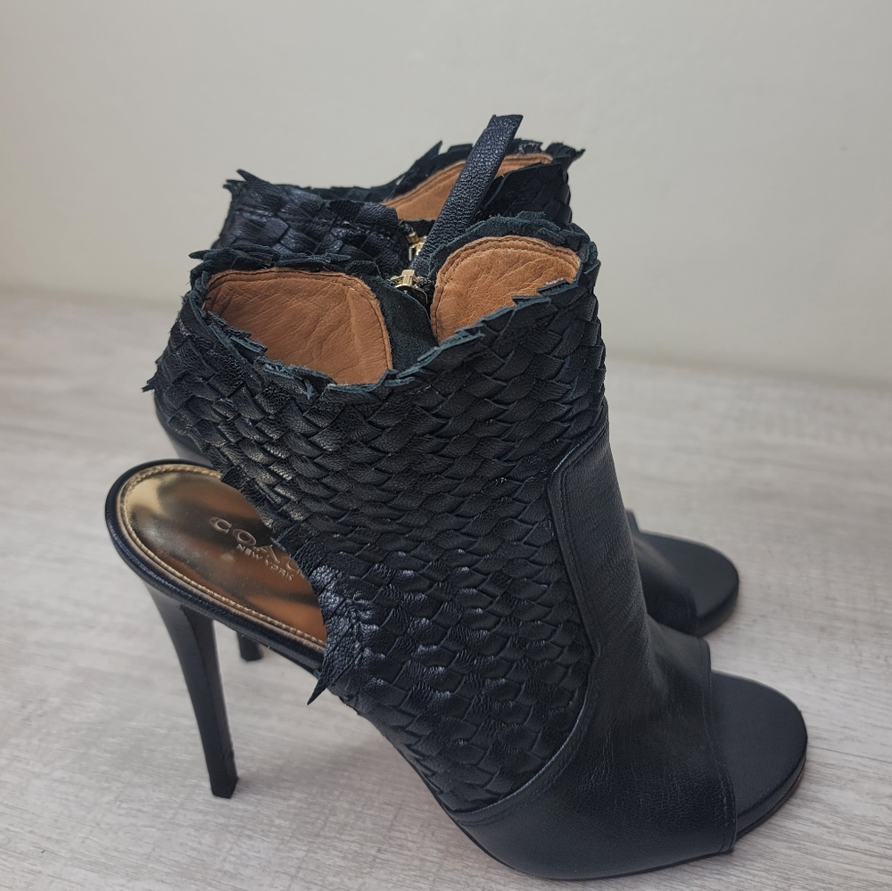 Coach Julie Woven Leather Peep Toe Bootie